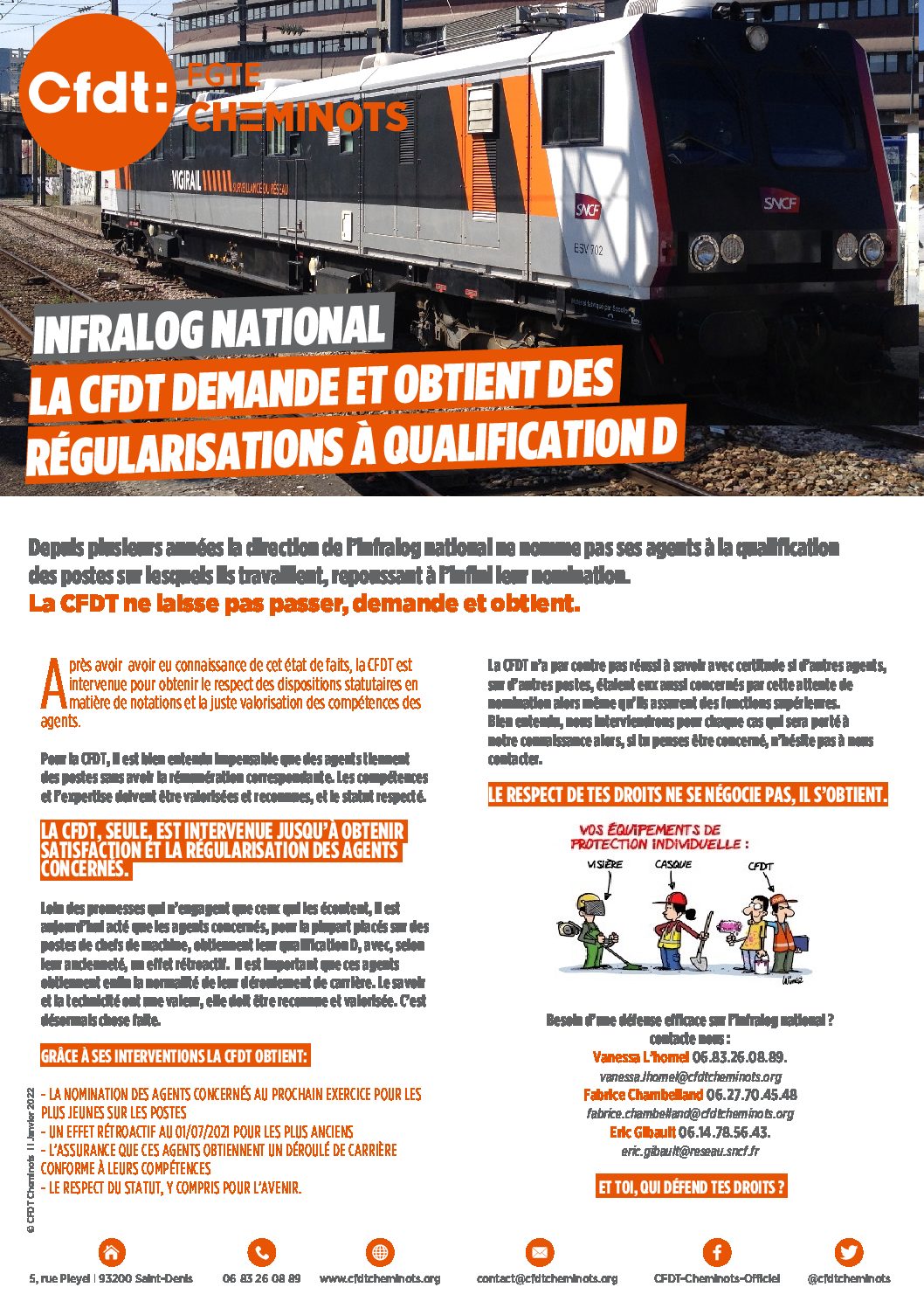 INFRALOG NATIONAL LA CFDT DEMANDE ET OBTIENT DES RÉGULARISATIONS À QUALIFICATION D