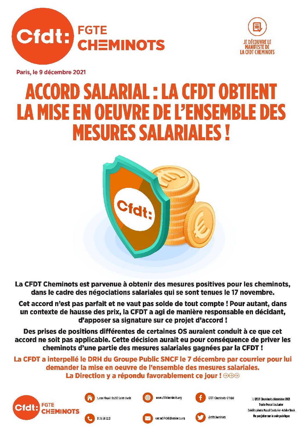 ACCORD SALARIAL : LA CFDT OBTIENT LA MISE EN OEUVRE DE L’ENSEMBLE DES MESURES SALARIALES !