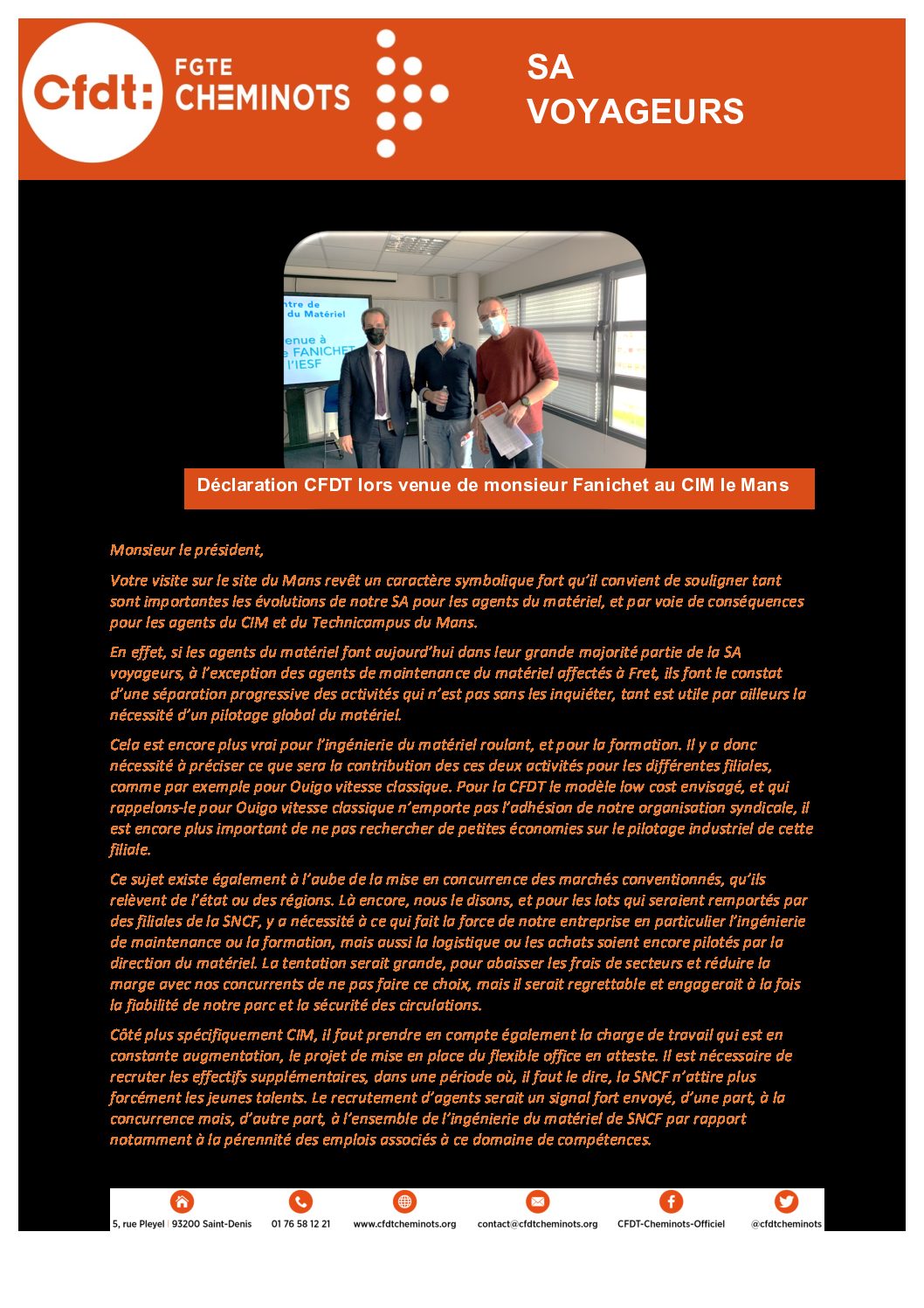 E-TRACT || DÉCLARATION CFDT LORS VENUE DE MONSIEUR FANICHET AU CIM LE MANS