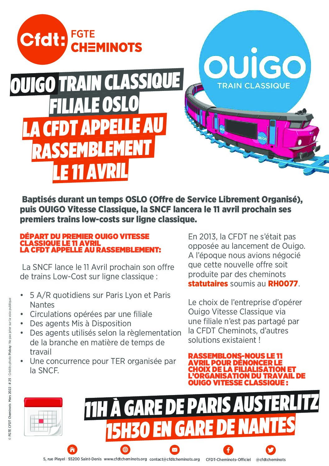 OUIGO TRAIN CLASSIQUE FILIALE OSLO LA CFDT APPELLE AU RASSEMBLEMENT LE 11 AVRIL