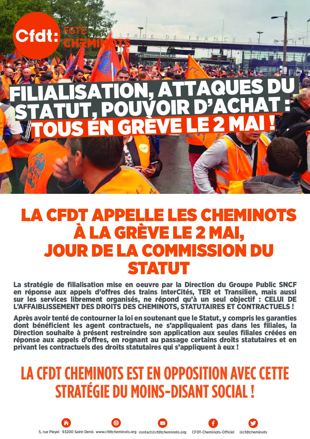 FILIALISATION, ATTAQUES DU STATUT, POUVOIR D’ACHAT : TOUS EN GRÈVE LE 2 MAI !