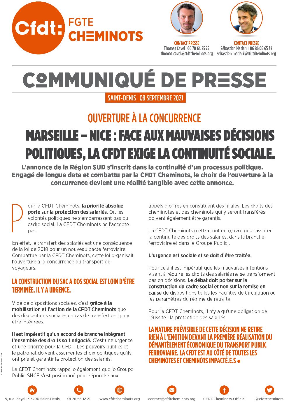 Marseille-Nice : Face aux mauvaises décisions politiques, la CFDT exige la continuité sociale