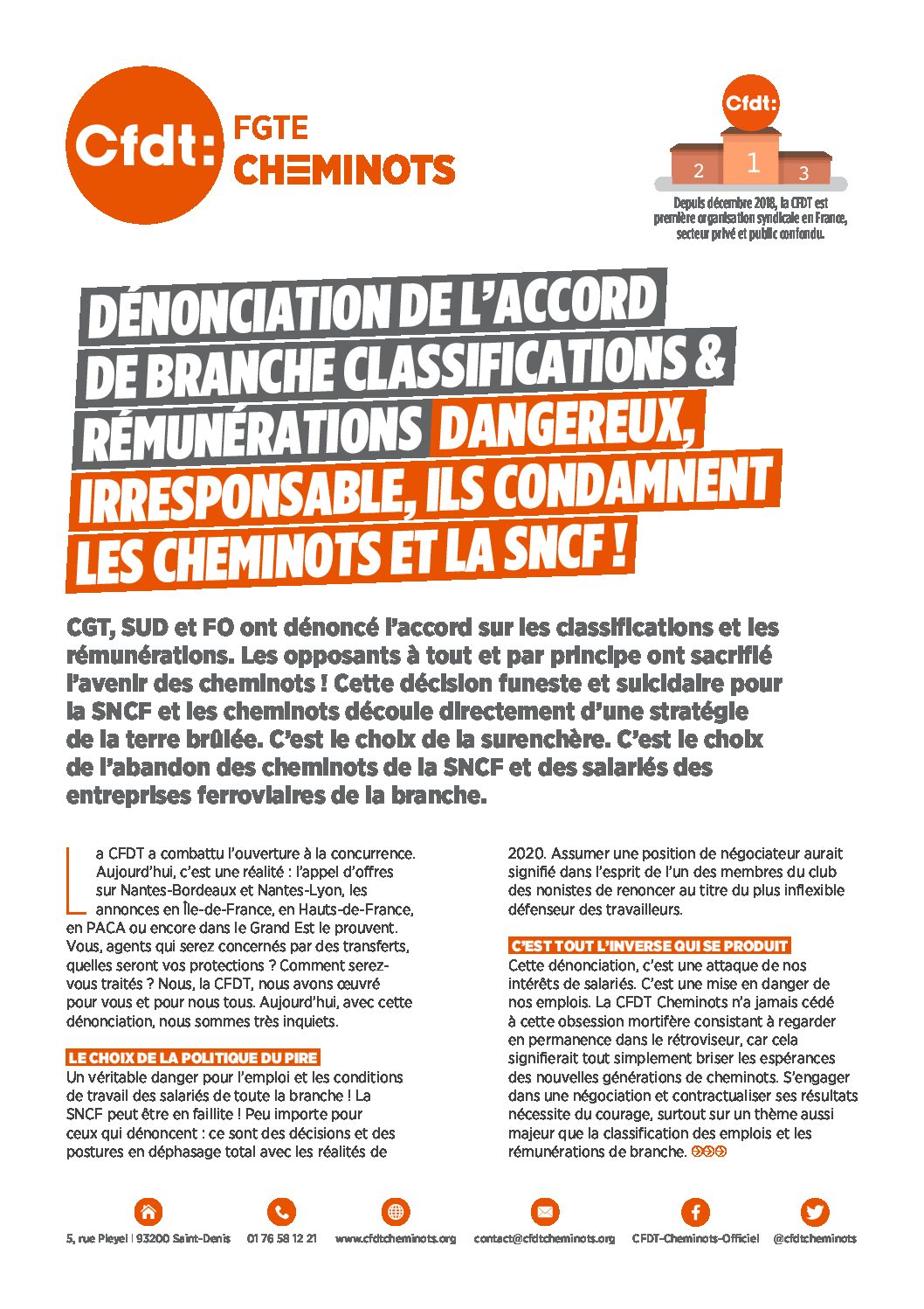 DÉNONCIATION DE L’ACCORD DE BRANCHE CLASSIFICATIONS & RÉMUNÉRATIONS