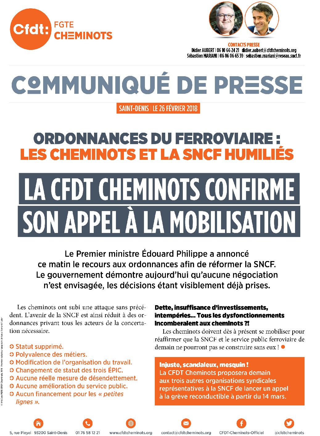 La CFDT Cheminots confirme son appel à la mobilisation