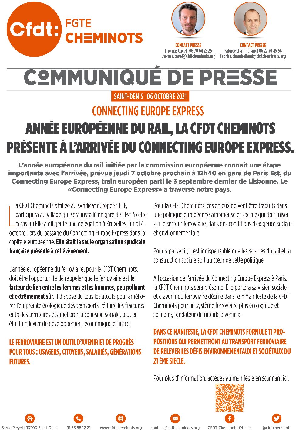 Année européenne du rail, la CFDT Cheminots présente à l’arrivée du Connecting Europe Express