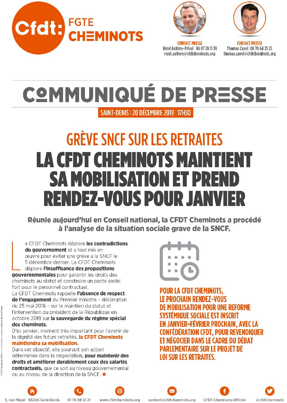 La CFDT Cheminots maintient sa mobilisation et prend rendez-vous pour Janvier