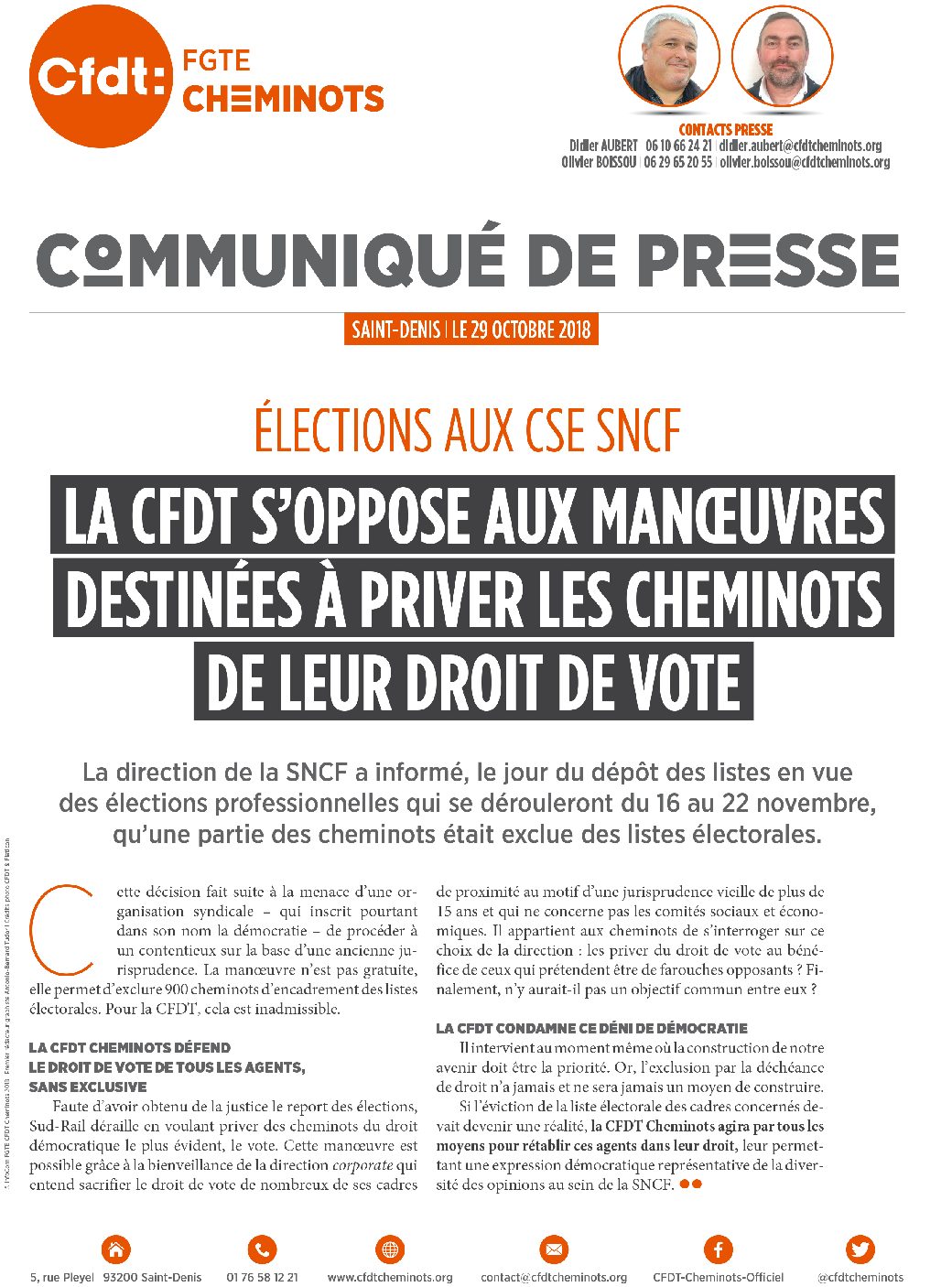 La CFDT s’oppose aux manœuvres destinées à priver les cheminots de leur droit de vote