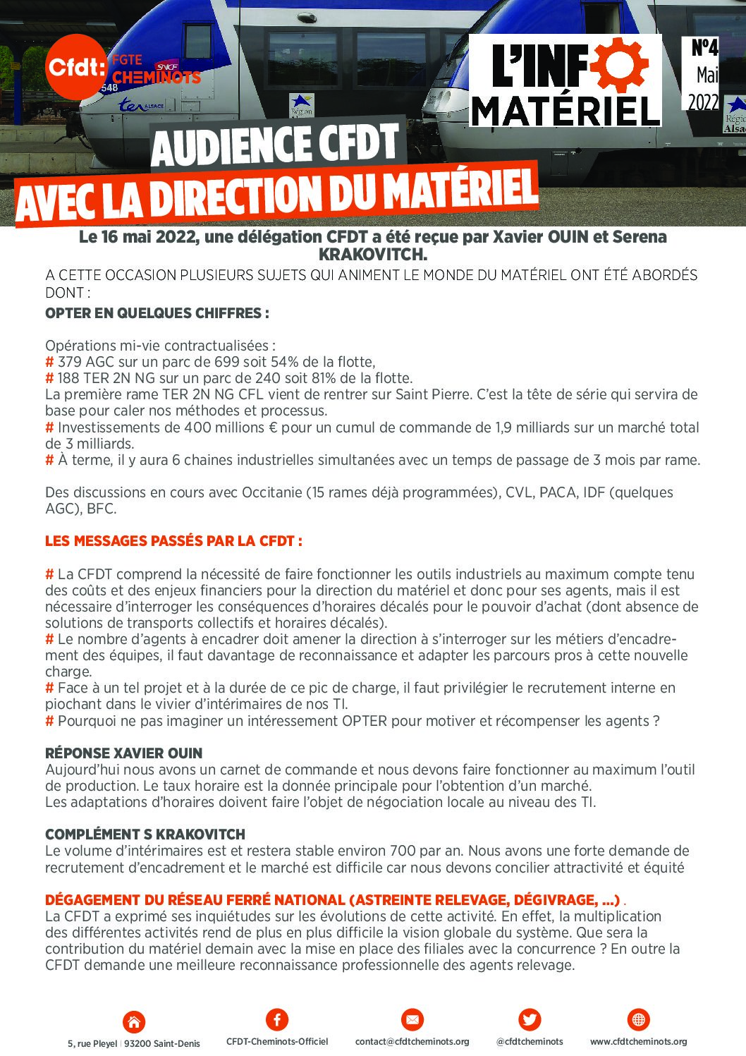 INFO MATÉRIEL #4: AUDIENCE CFDT AVEC LA DIRECTION DU MATÉRIEL