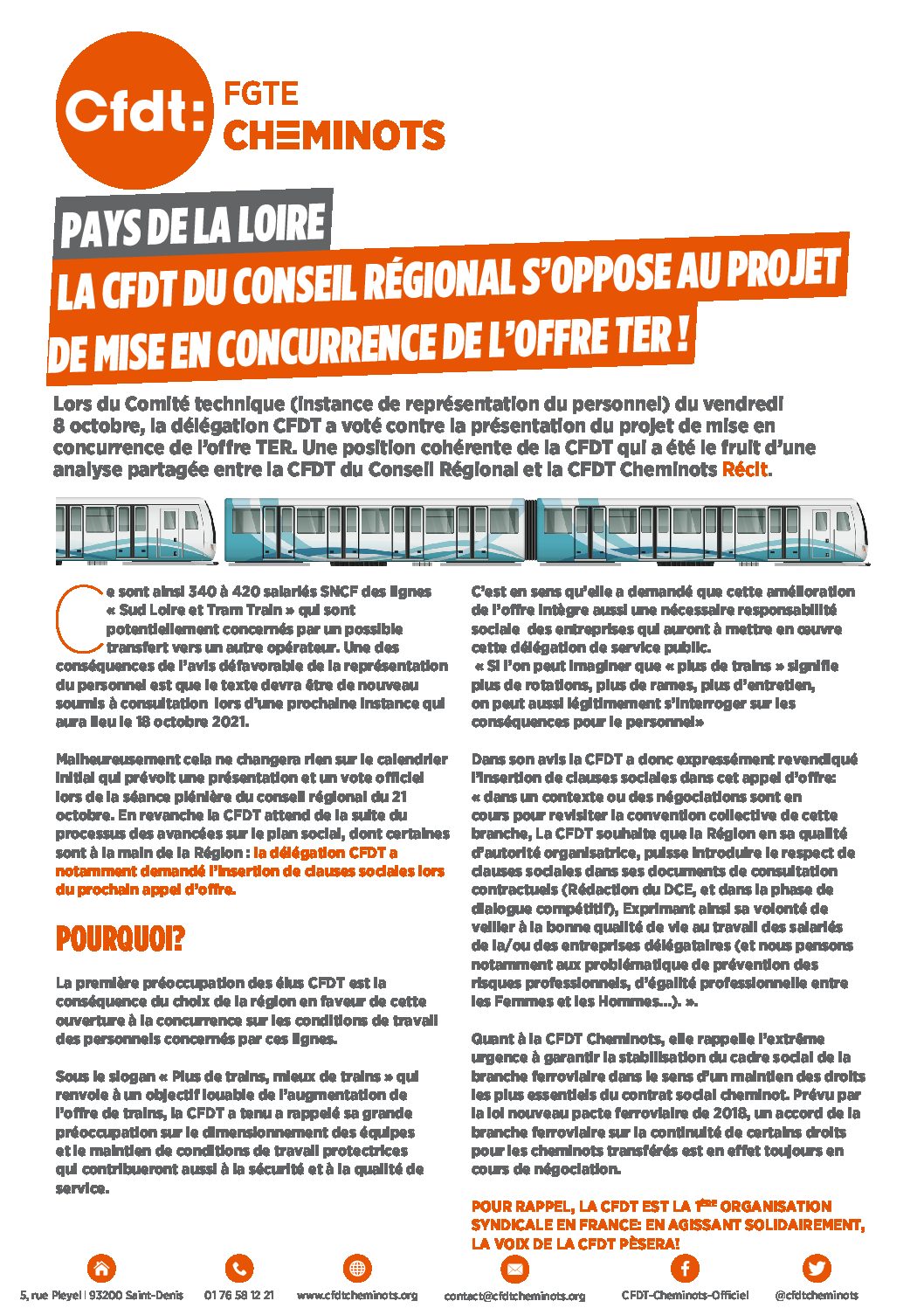 PAYS DE LE LOIRE : LA CFDT DU CONSEIL RÉGIONAL S’OPPOSE AU PROJET DE MISE EN CONCURRENCE DE L’OFFRE TER