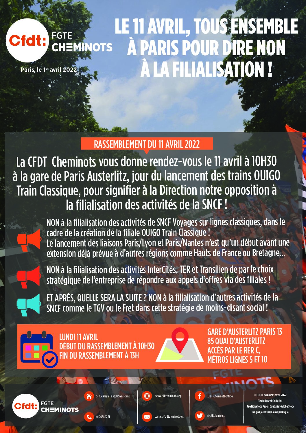 LE 11 AVRIL, TOUS ENSEMBLE À PARIS POUR DIRE NON À LA FILIALISATION !