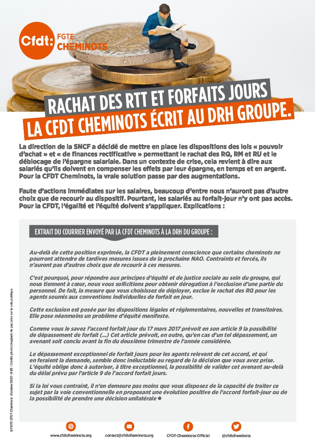 Rachat des RTT et forfaits jour : la CFDT Cheminots écrit au DRH Groupe