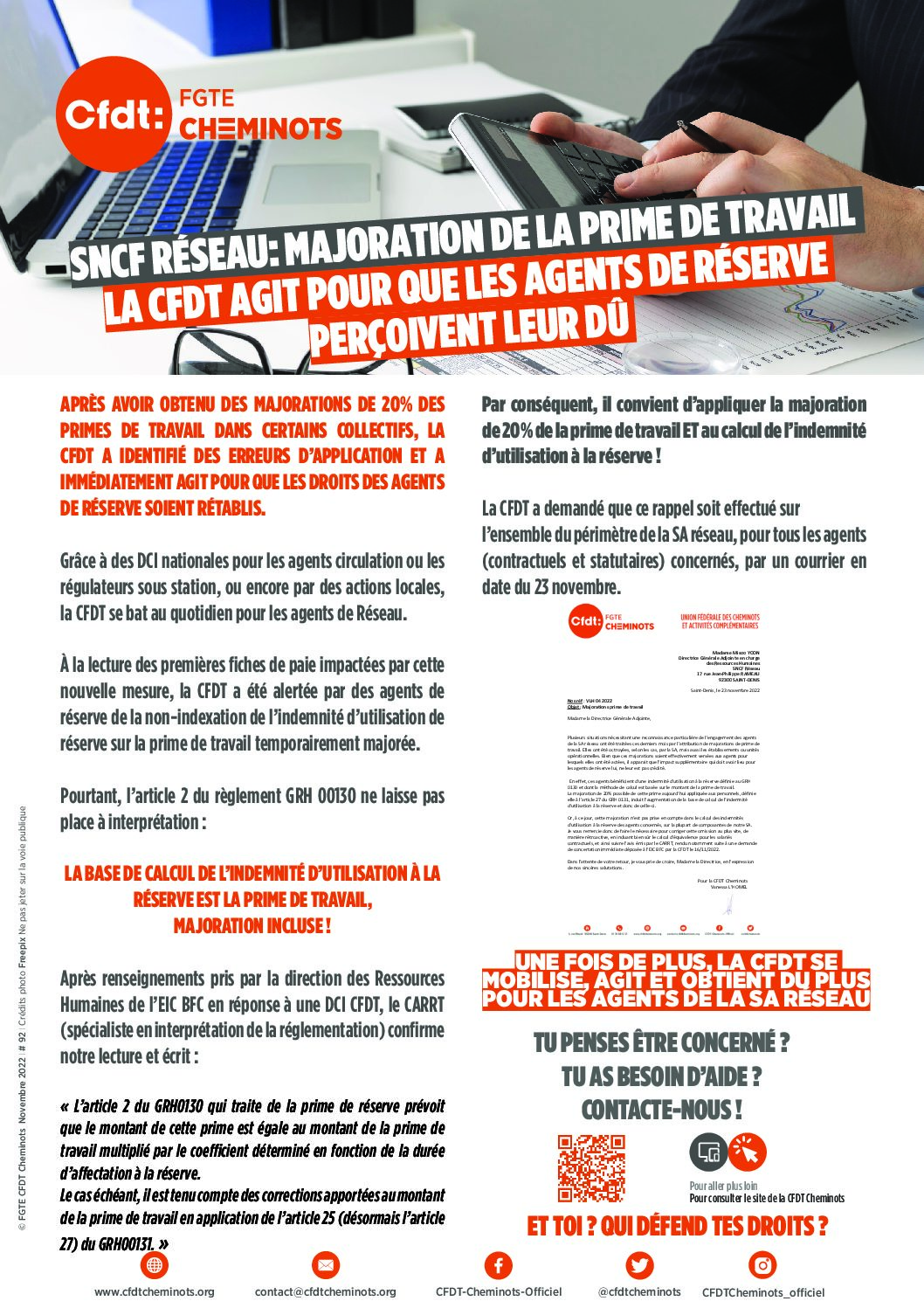 SNCF Réseau: majoration de la prime de travail. La CFDT agit pour que les agents de réserve perçoivent leur dû