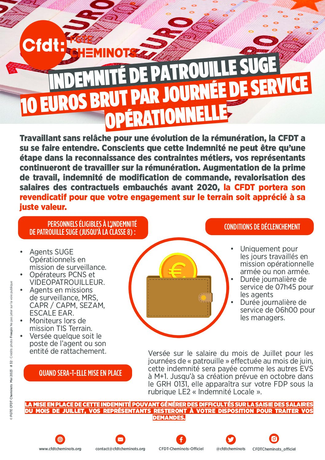 Indemnité de patrouille SUGE, 10 euros brut par journée de service opérationnelle