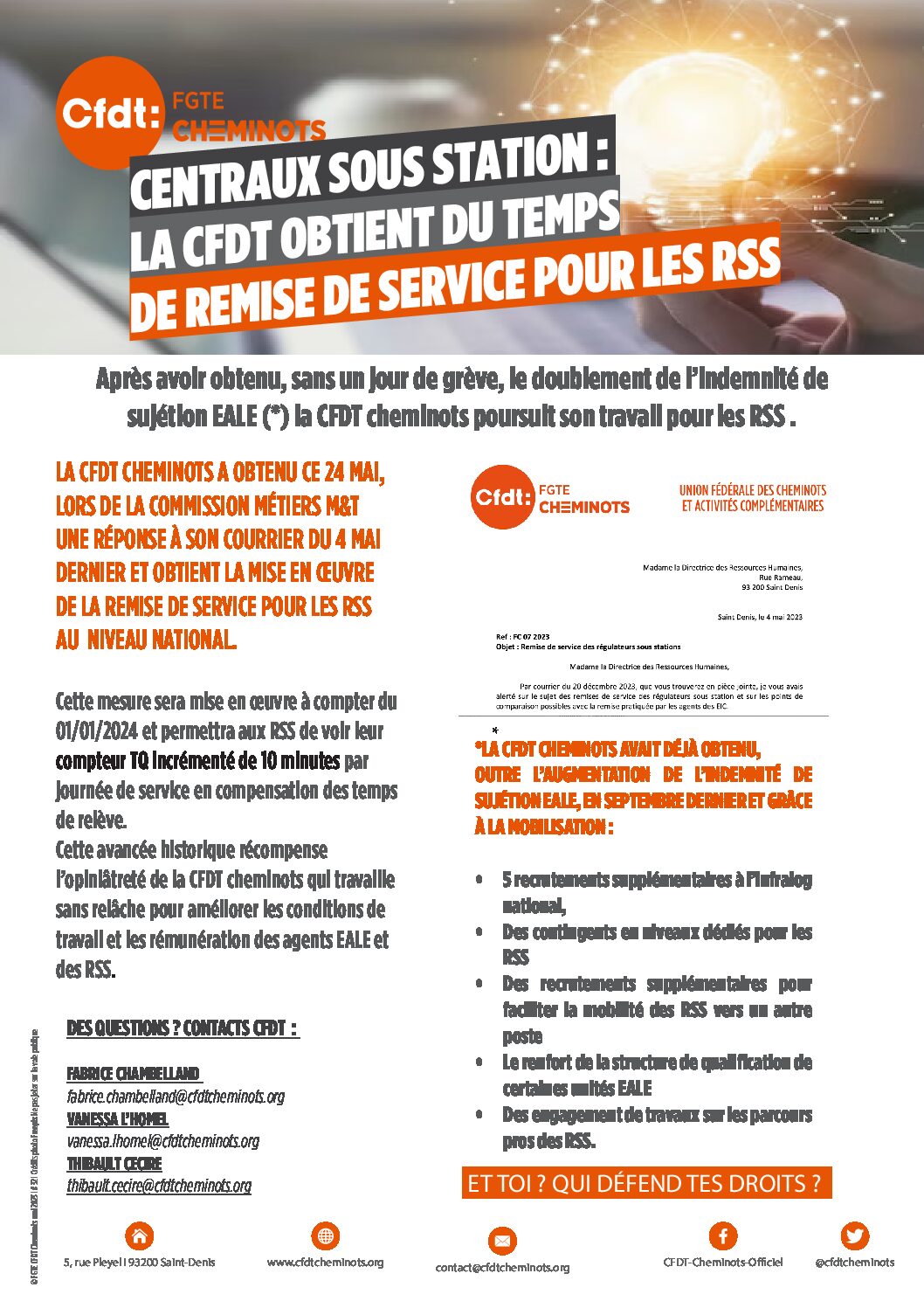 Centraux sous station: la CFDT obtient du temps de remise