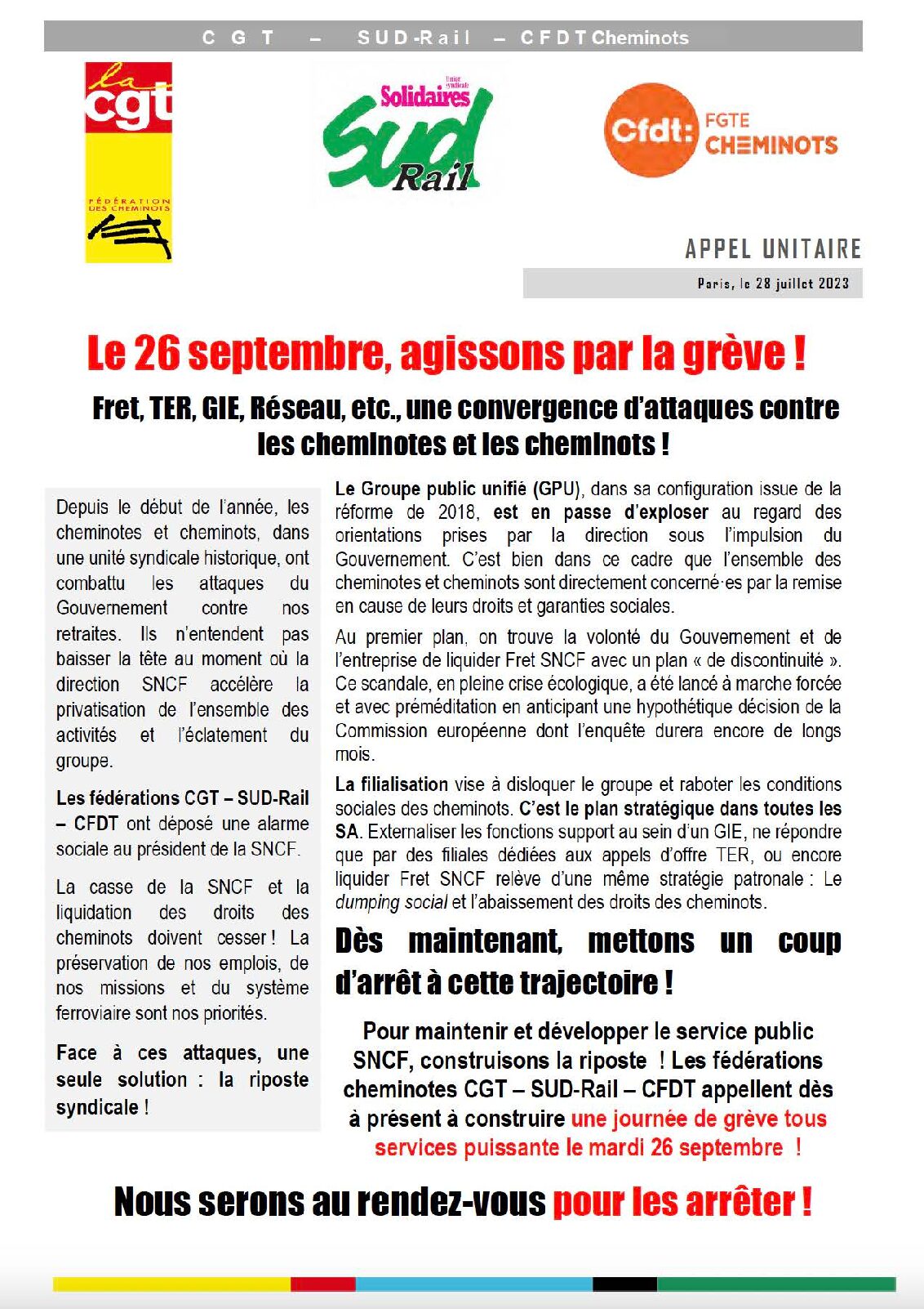 Communiqué Unitaire le 26 septembre, agissons par la grève