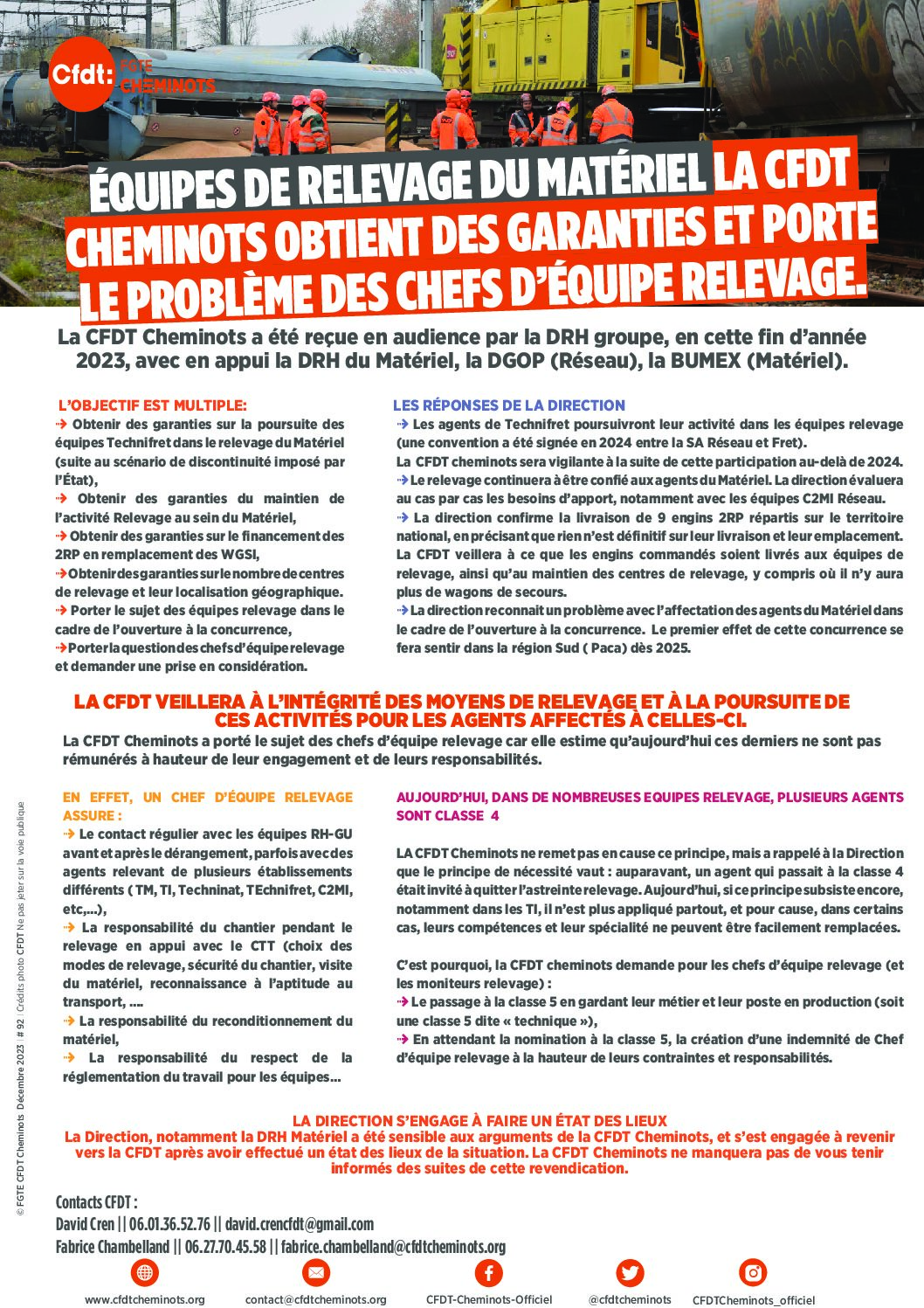 Équipes de relevage du matériel, la CFDT obtient des garanties