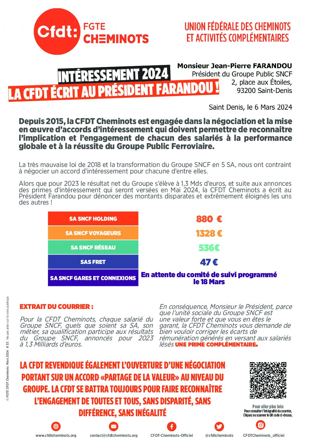 Intéressement 2024, la CFDT écrit au Président Farandou !