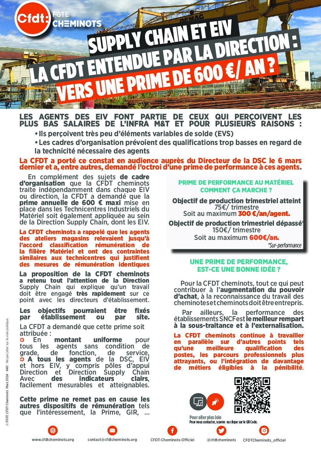 Supply Chain et EIV, la CFDT entendue par la direction vers une prime de 600 euros / an